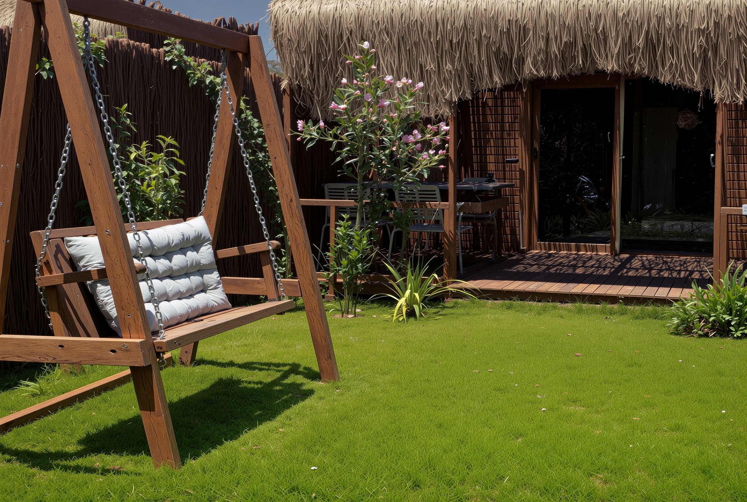 Wolf Bungalow seen across the lawn, with a wooden garden swing in the foreground and the thatched veranda behind.