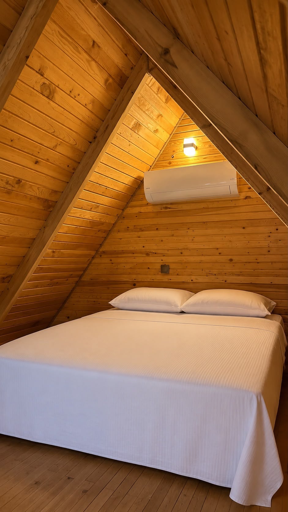 The A-frame loft bedroom, its pitched timber ceiling lit softly above a white-linen double bed.