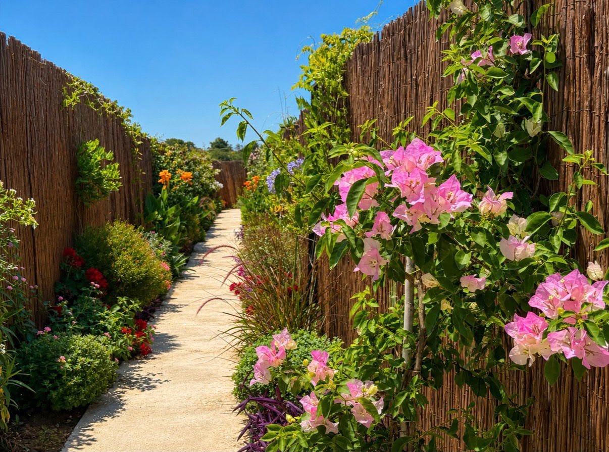 Pink bougainvillea spilling over a reed fence beside the sunlit garden path.